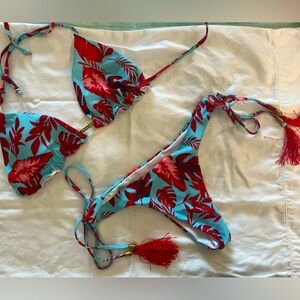 Floral bikini with tassels and Brazilian bottom